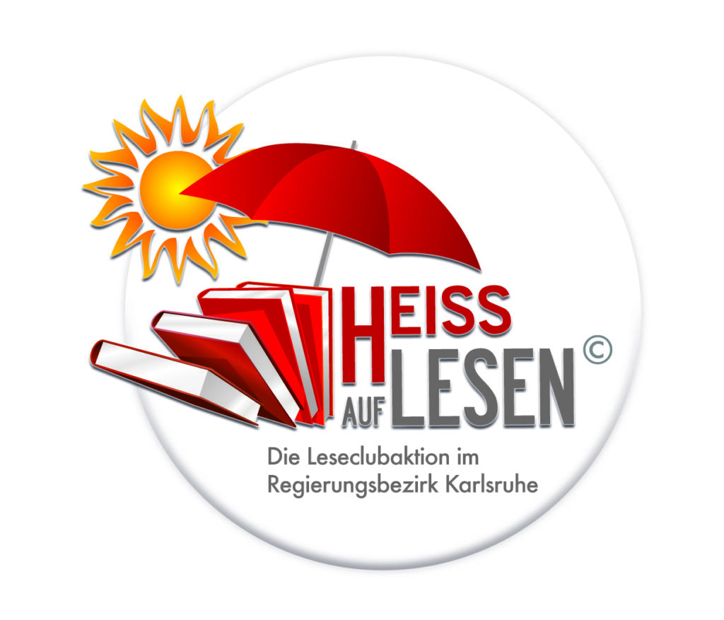 Logo von Heiss auf Lesen zeigt in einem Kreis eine Sonne, einen Sonnenschirm und mehrere Bücher. Daneben steht: Heiss auf Lesen. Die Leseclubaktion im Regierungsbezirk Karlsruhe